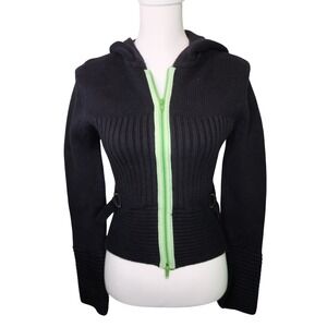 Y2K Womens Black Cotton Ribbed Full Zip Hoodie Lime Green Zipper Fits Small